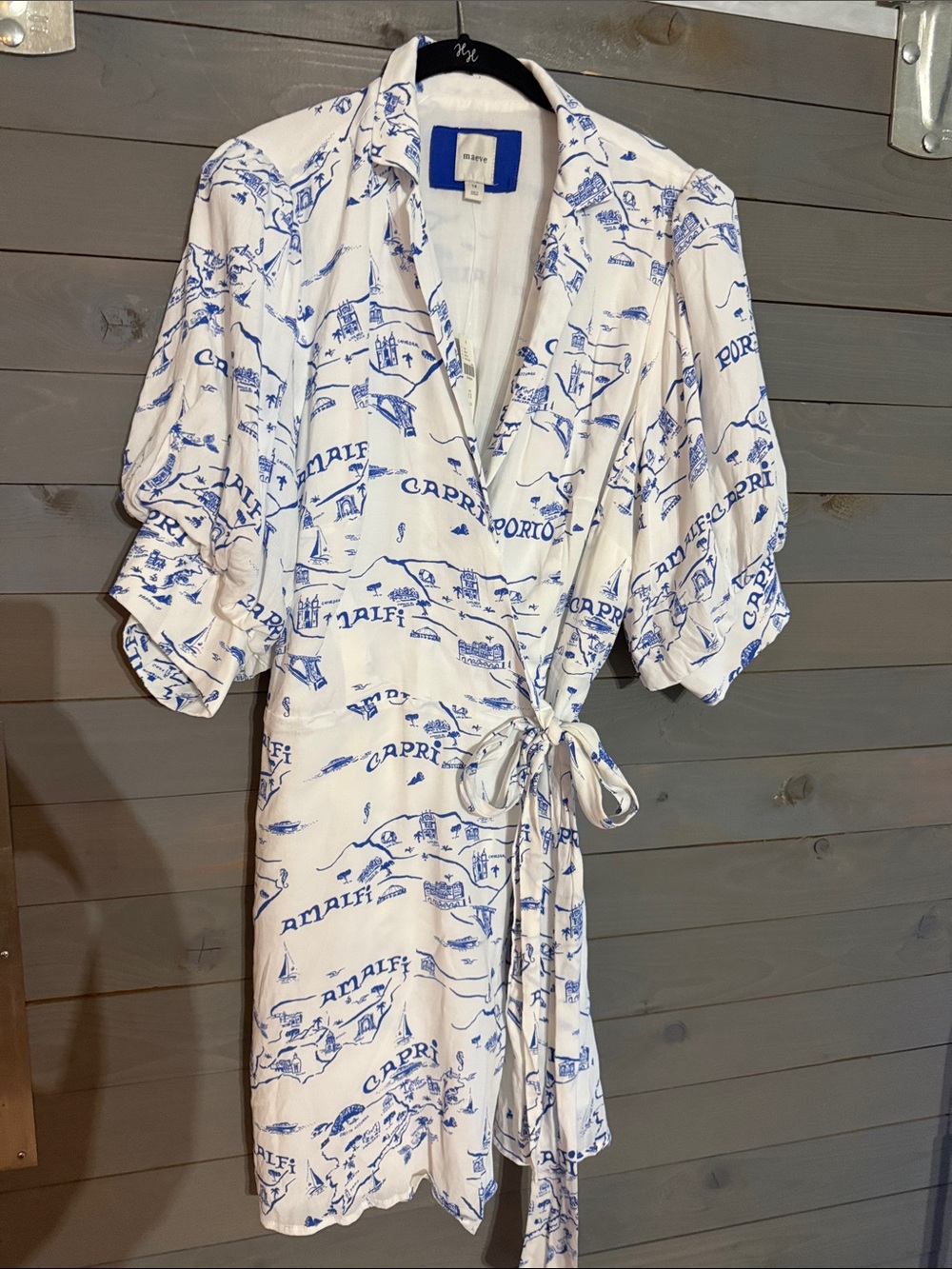 Anthropologie White Dress with Blue Capri Map Print